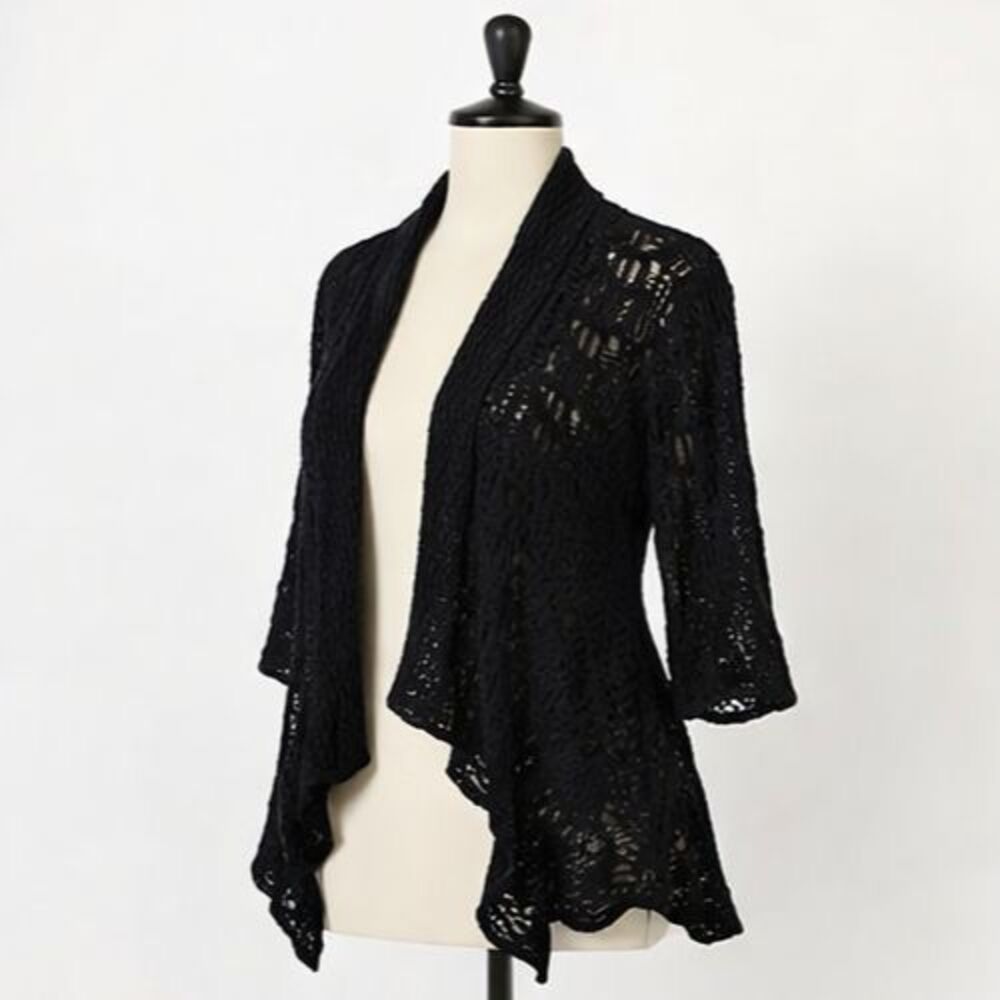Women Within Crochet Knit Open Cardigan Sz Med Asymmetric Hem Quarter Sleeve